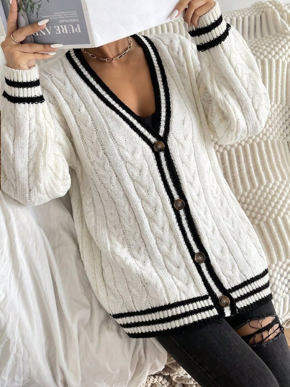 Black and White Casual Women's Oversized V Neck Drop Shoulder Button Cardigan - Picture 4 of 5